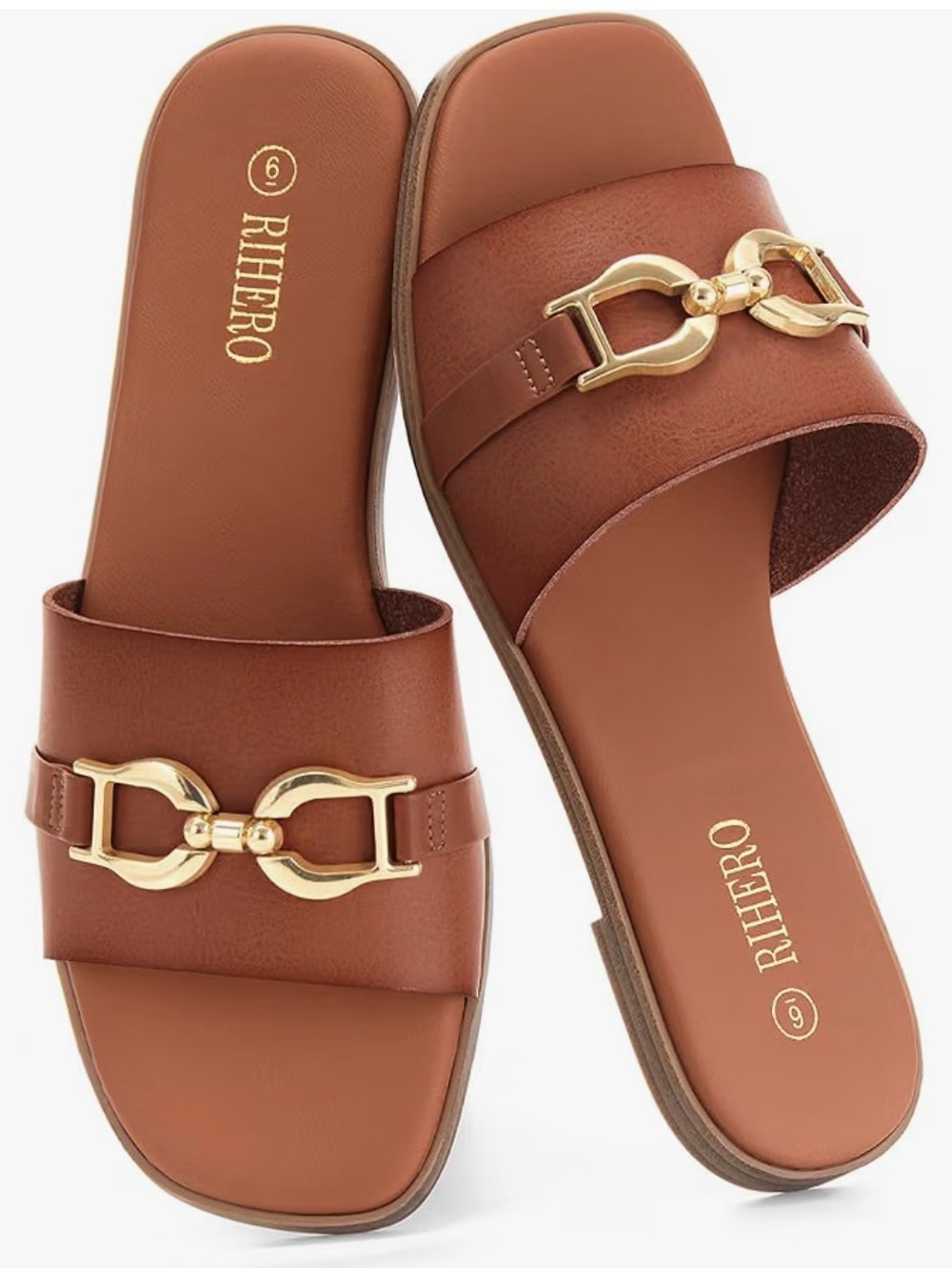 Women's Brown leather Slide Sandals with Gold Hardware
